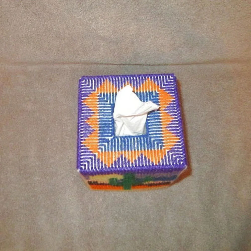 Vtg Cross Stitch Plastic Canvas Tissue Box Cover Saguaro Desert Sunrise Cactus